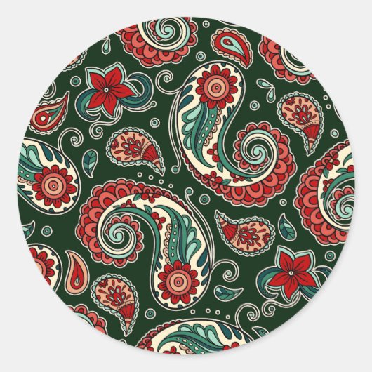 Teal and Red Paisley Sticker Set ラウンドシール (正面)