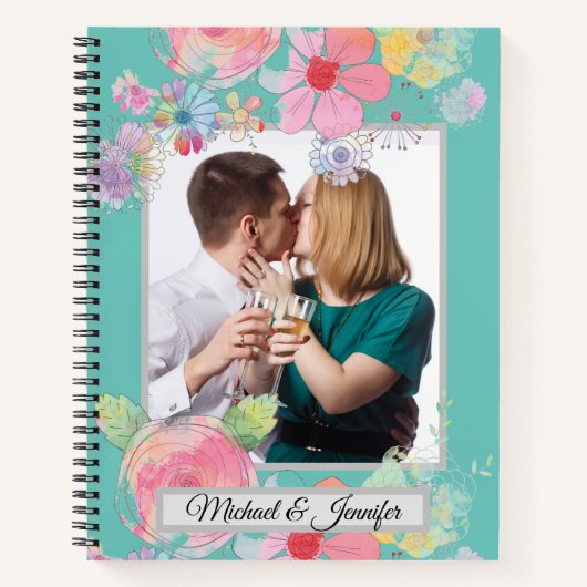Teal and Shabby Chic Floral Custom Couples Photo ノートブック (正面)