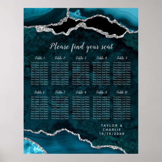 Teal and Silver Agate Wedding Seating Chart ポスター (正面)