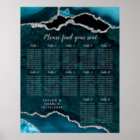 Teal and Silver Agate Wedding Seating Chart ポスター (正面)