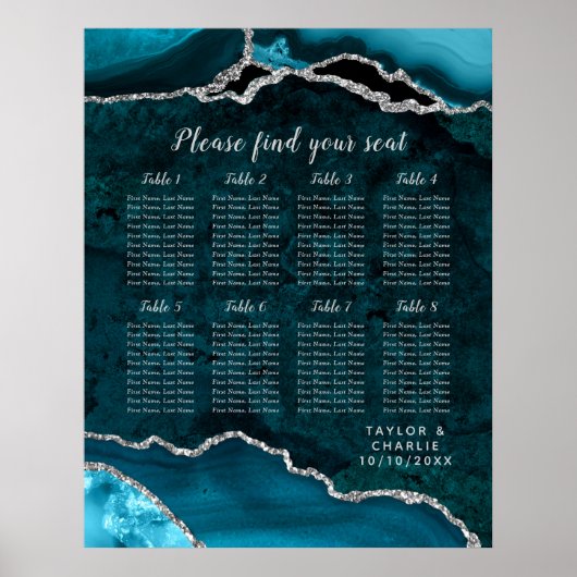 Teal and Silver Agate Wedding Seating Chart ポスター (正面)