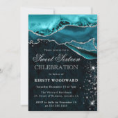 Teal and Silver Glitter Agate Sweet 16 招待状 (正面)