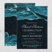 Teal and Silver Glitter Agate Sweet 16 招待状 (正面/裏面)