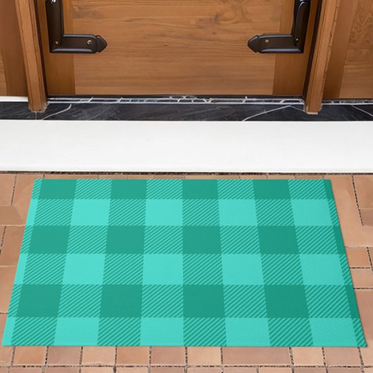 Teal And Turquoise Gingham Plaid Design  ドアマット