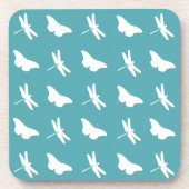 Teal and White Butterfly and Dragonfly Pattern コースター (正面)