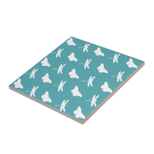 Teal and White Butterfly and Dragonfly Pattern タイル (側面)