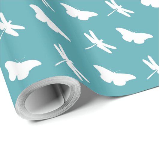 Teal and White Butterfly and Dragonfly Pattern ラッピングペーパー (ロールコーナー)