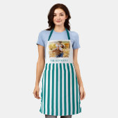 Teal And White Striped Family Name Photo Apron エプロン (着用した状態)
