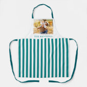 Teal And White Striped Family Name Photo Apron エプロン (正面)