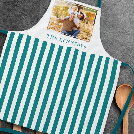 Teal And White Striped Family Name Photo Apron エプロン