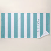  Teal And White Striped Name Cabana Stripe  ビーチタオル (正面)