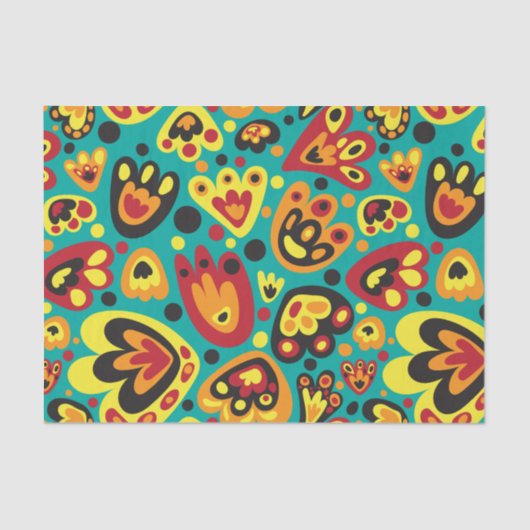 Teal and Yellow Retro 1960s Mod Floral Pattern 薄葉紙 (正面)