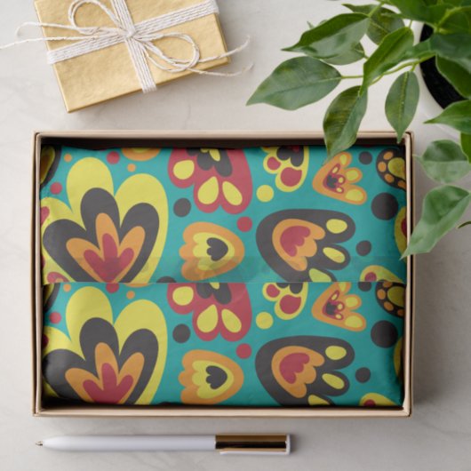 Teal and Yellow Retro 1960s Mod Floral Pattern 薄葉紙 (ギフト)