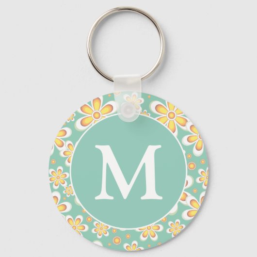 Teal and Yellow Spring Flower Pattern Monogram キーホルダー (正面)