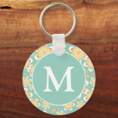 Teal and Yellow Spring Flower Pattern Monogram キーホルダー (裏面)