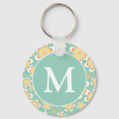 Teal and Yellow Spring Flower Pattern Monogram キーホルダー (裏面)