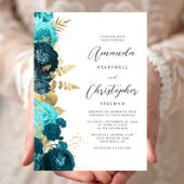 Teal Aqua Floral Gold Script Wedding 招待状