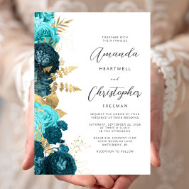 Teal Aqua Floral Gold Script Wedding 招待状