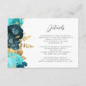 Teal Aqua Floral Gold Script Wedding Details  エンクロージャーカード (正面)