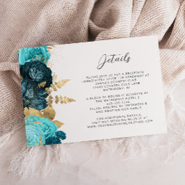 Teal Aqua Floral Gold Script Wedding Details  エンクロージャーカード