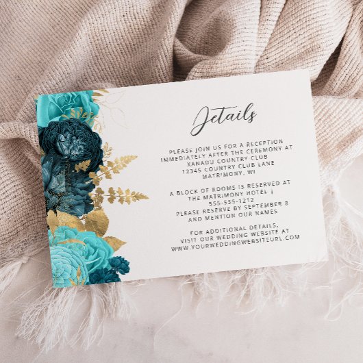 Teal Aqua Floral Gold Script Wedding Details  エンクロージャーカード