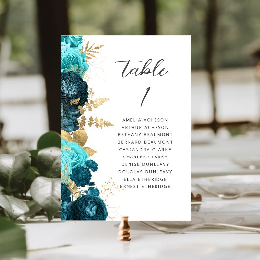Teal Aqua Gold Floral Modern Script Wedding テーブルナンバー