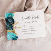 Teal Aqua Gold Floral Modern Script Wedding 出欠カード