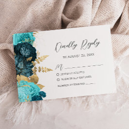 Teal Aqua Gold Floral Modern Script Wedding 出欠カード