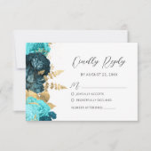 Teal Aqua Gold Floral Modern Script Wedding 出欠カード (正面)