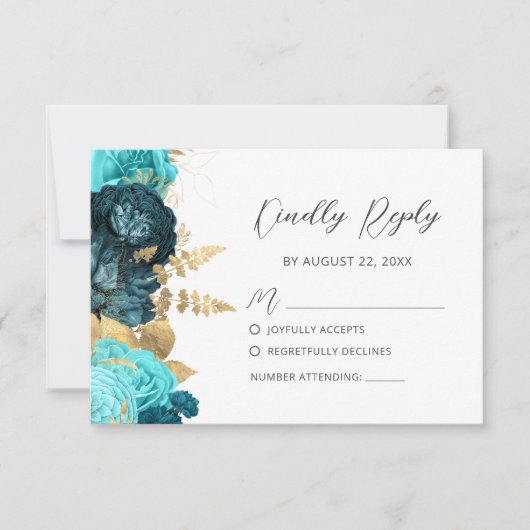 Teal Aqua Gold Floral Modern Script Wedding 出欠カード (正面)