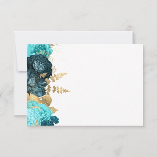 Teal Aqua Gold Floral Modern Script Wedding 出欠カード (裏面)