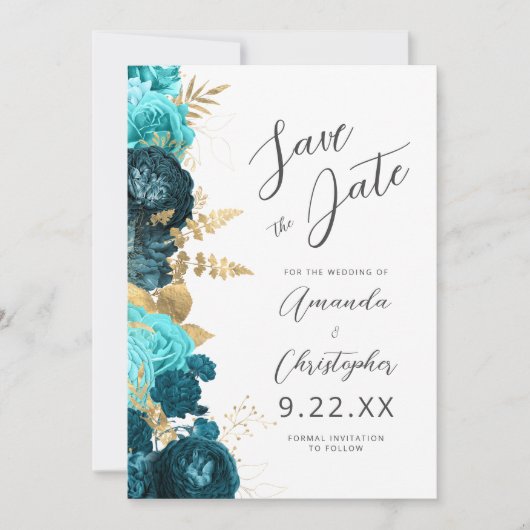 Teal Aqua Gold Floral Script Save the Date 案内状 (正面)