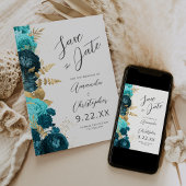 Teal Aqua Gold Floral Script Save the Date 案内状