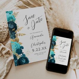 Teal Aqua Gold Floral Script Save the Date 案内状