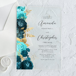 Teal Aqua Gold Floral Script Wedding アクリル招待状