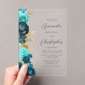 Teal Aqua Gold Floral Script Wedding アクリル招待状 (インサイチュ (ポータブル))