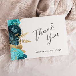 Teal Aqua Gold Floral Wedding Flat Thank You カード