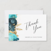 Teal Aqua Gold Floral Wedding Flat Thank You カード (正面)