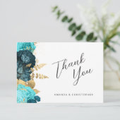 Teal Aqua Gold Floral Wedding Flat Thank You カード (スタンド正面)