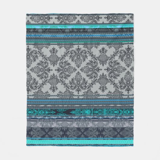 Teal, Aqua & Grey Vintage Bohemian Wallpaper フリースブランケット (正面)