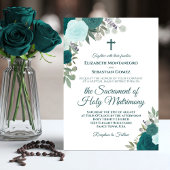 Teal & Aqua Roses Modern Catholic Wedding 招待状