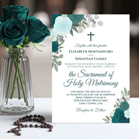 Teal & Aqua Roses Modern Catholic Wedding 招待状