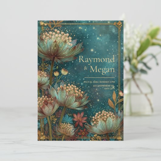 Teal Astrantia Glow Emerald Celestial Wedding 招待状 (スタンド正面)