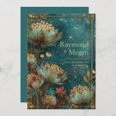 Teal Astrantia Glow Emerald Celestial Wedding 招待状 (正面/裏面)