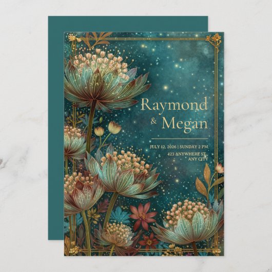 Teal Astrantia Glow Emerald Celestial Wedding 招待状 (正面/裏面)