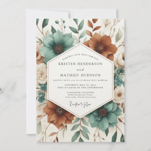 Teal Autumnal Botanical Bloom Wedding 招待状 (正面)