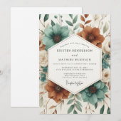 Teal Autumnal Botanical Bloom Wedding 招待状 (正面/裏面)