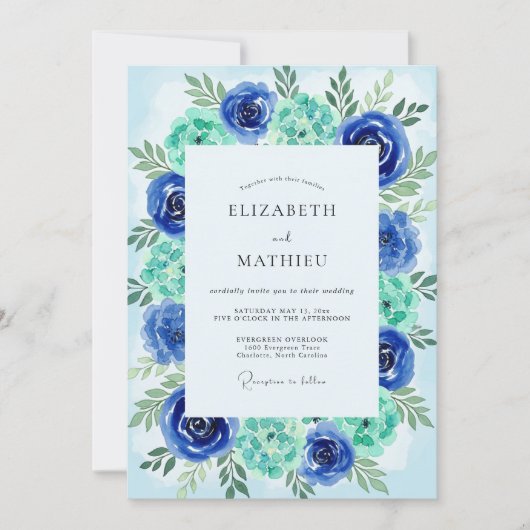 Teal Azure Painterly Coastal Wedding 招待状 (正面)