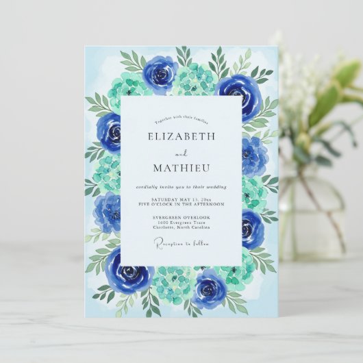 Teal Azure Painterly Coastal Wedding 招待状 (スタンド正面)
