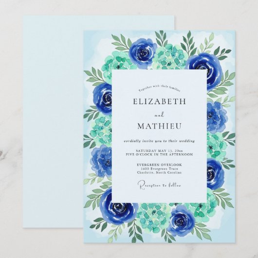 Teal Azure Painterly Coastal Wedding 招待状 (正面/裏面)